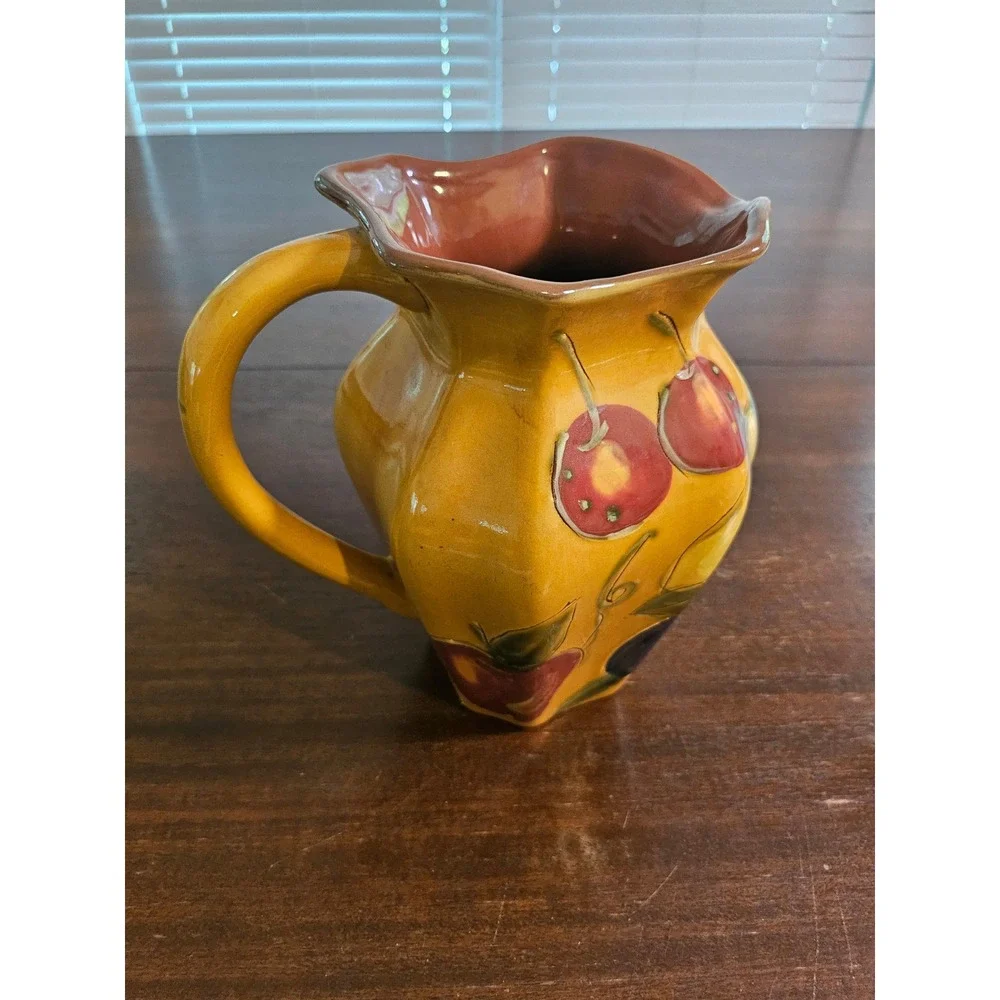 C.Kao Fruit Pitcher Home Decor Yellow Hand Painted Ceramic Grapes Cherries Pears
